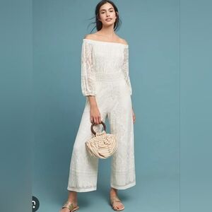 Farm Rio Elliott burnout white off shoulder jumpsuit Size Medium